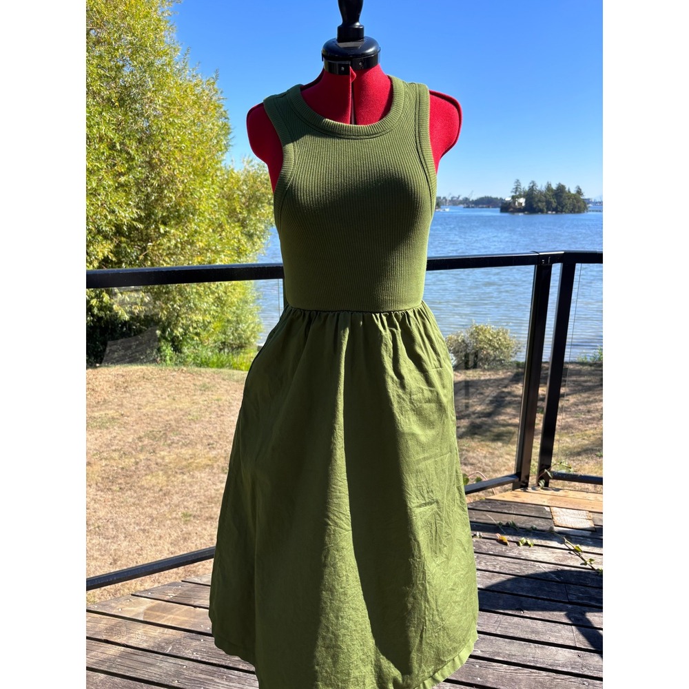 OLD NAVY fit and flare dress women S petite olive green ribbed racerback midi